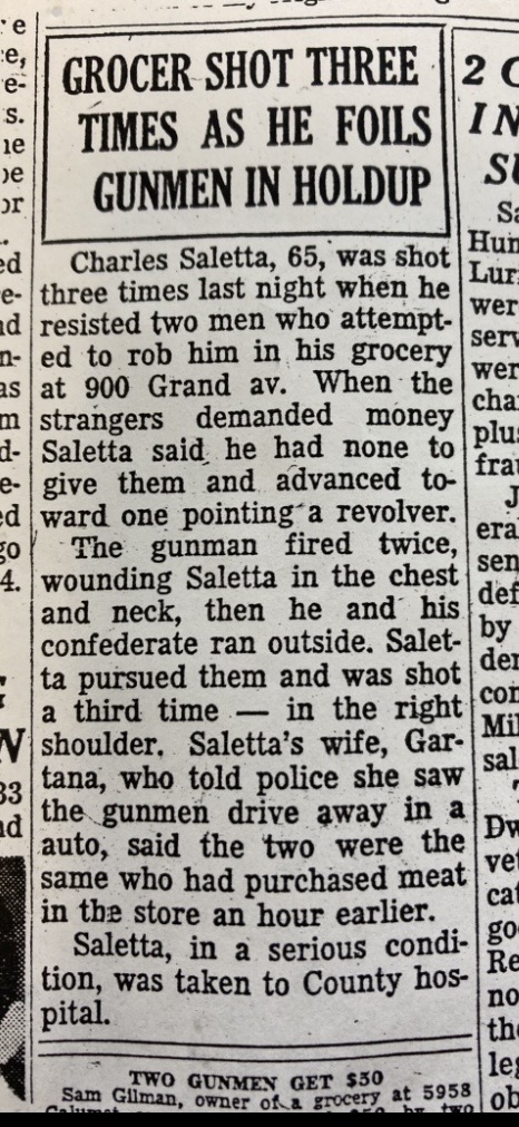 Newspaper clipping: Charles Saletta, 65, shot three times while foiling armed robbers at his grocery store