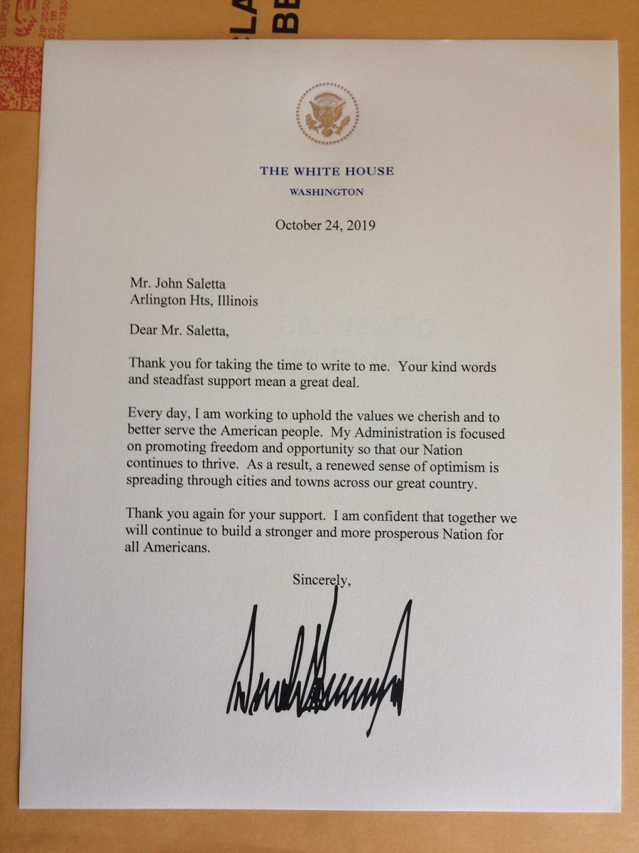 Letter from President Trump to John Saletta, October 24, 2019, The White House